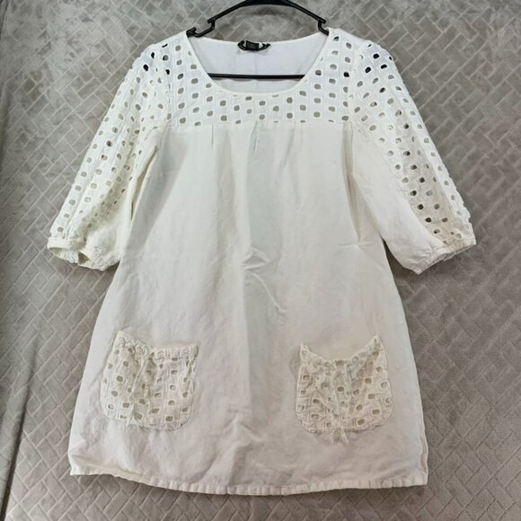 August Silk Womens 10 Linen Blend Blouse White Boho Cottage Minimalist Eyelets - Picture 1 of 16